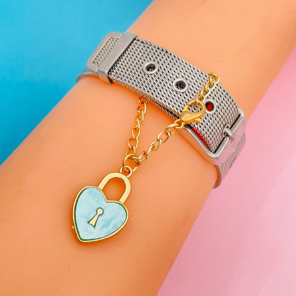 Alloy Gold Heart Lock Watch Charm For Women Blue Bulk Secondary image