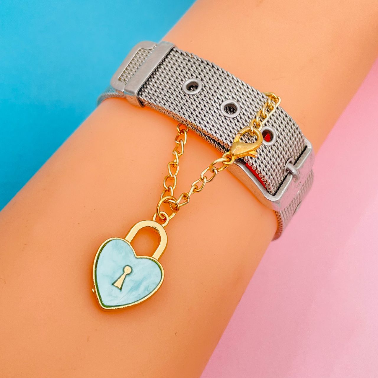 Alloy Gold Heart Lock Watch Charm For Women Blue Bulk
