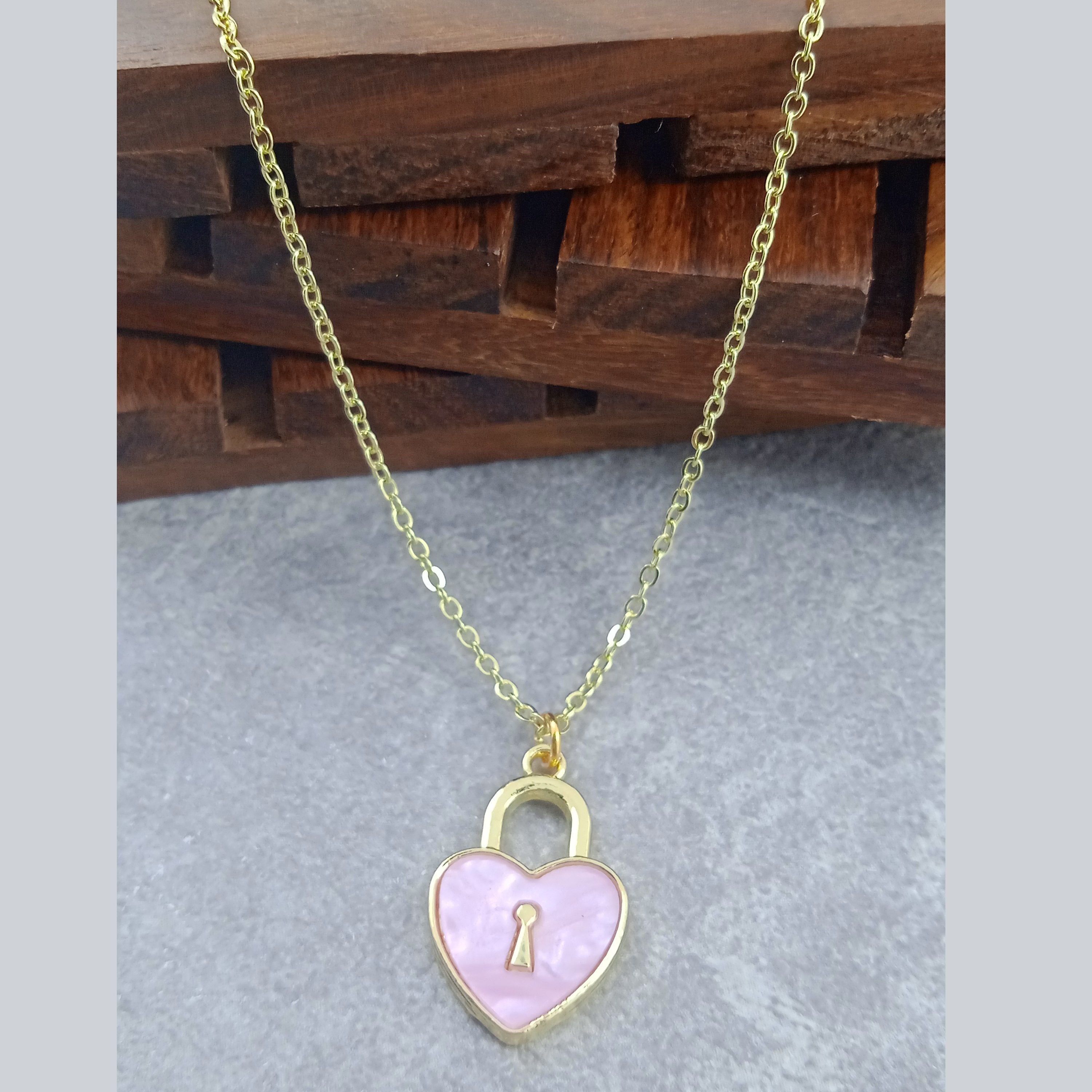 Heart Lock Brass Green Gold Pendant Chain Necklace For Women Bulk