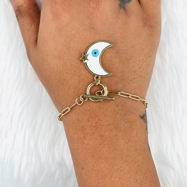 White Blue Gold Moon Evil Eye Charms Chain Link Bracelet Girls Bulk Main image