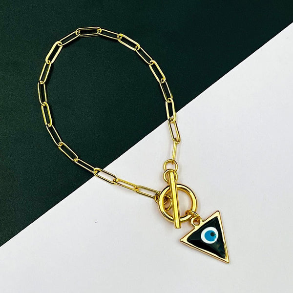 Copper Black Blue Gold Enamel Triangle Evil Eye Charms Chain Link Bracelet For Women Girls Main image