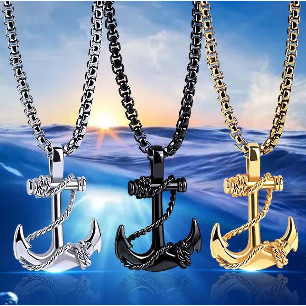 Anchor Stainless Steel Black Silver Necklace Pendant Chain Men Bulk