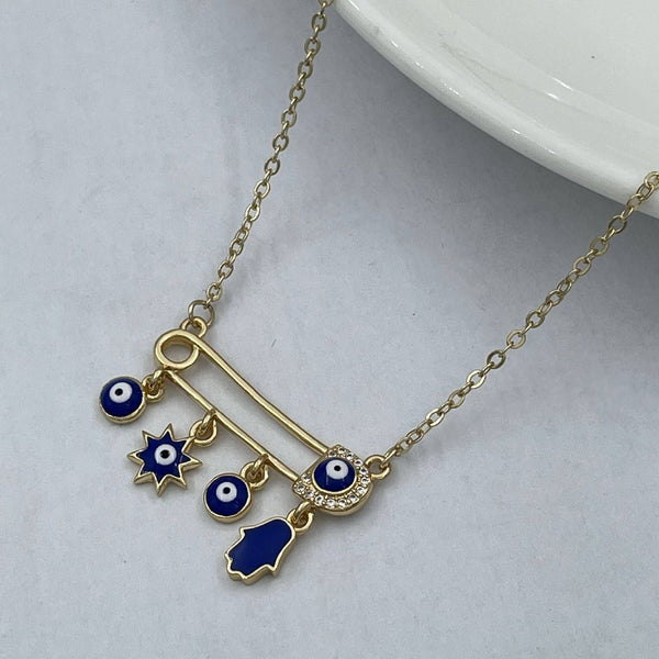 Safety Pin Evil Eye Hamsa Gold White CZ Necklace Pendant Chain Bulk Secondary image
