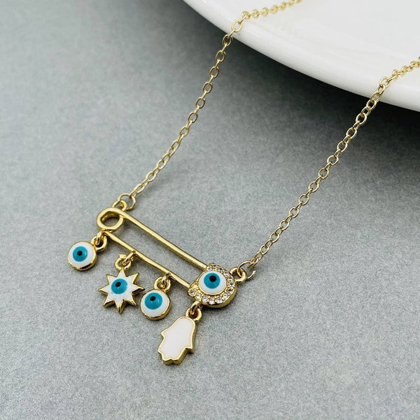 Safety Pin Evil Eye Hamsa Gold White CZ Necklace Pendant Chain Bulk Main image