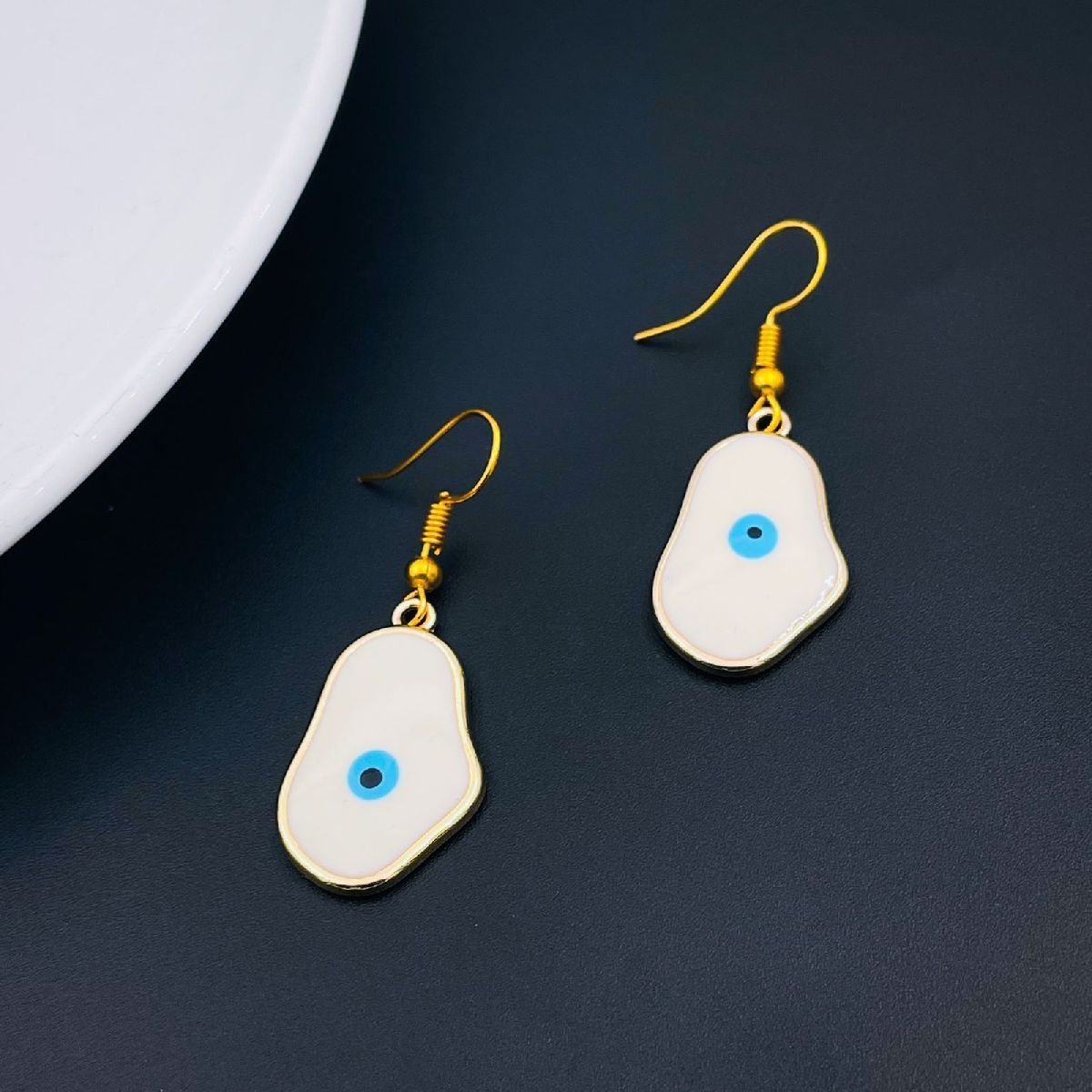 Amoeba Evil Eye Gold White Enamel Dangler Drop Earring Pair Women