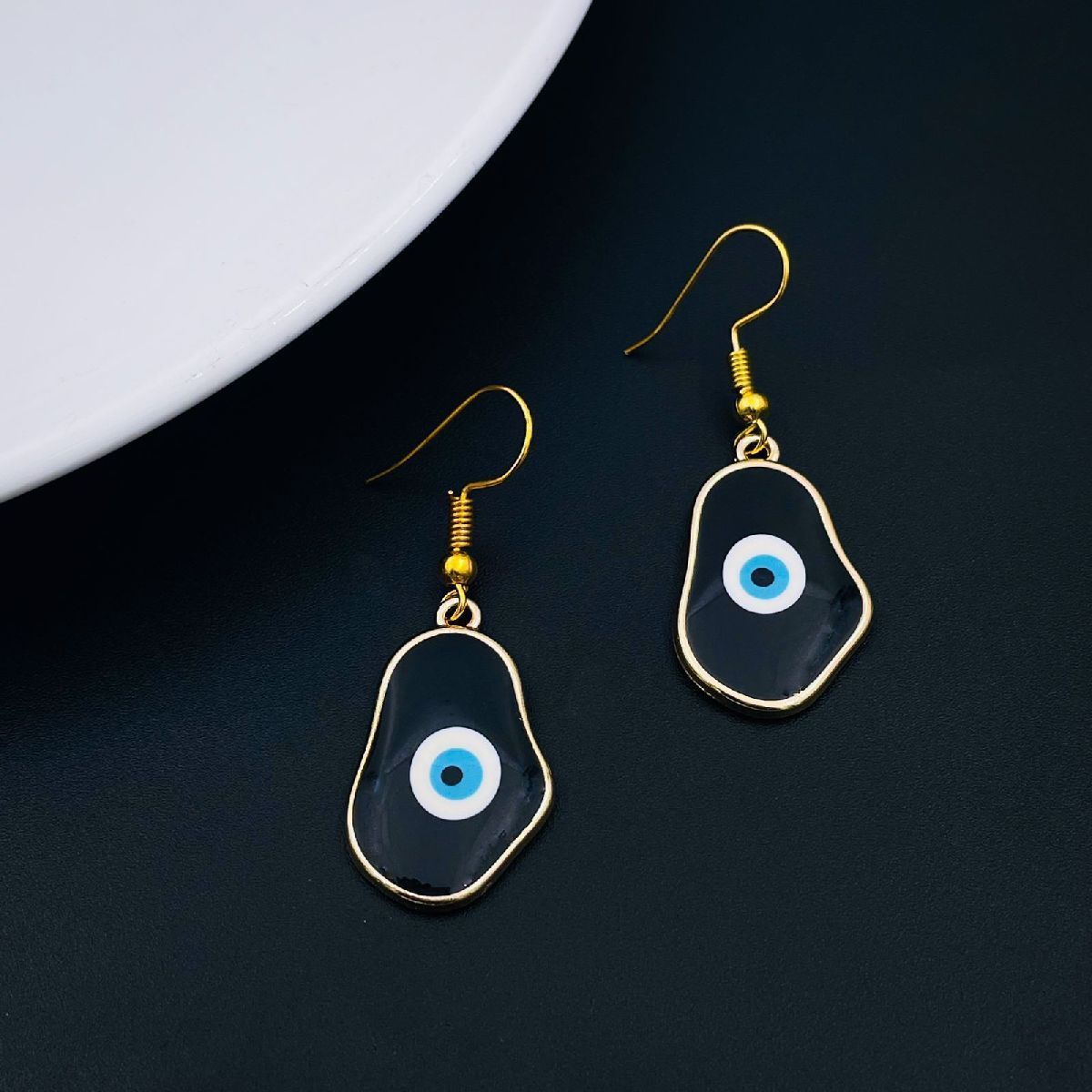 Amoeba Evil Eye Gold Black Enamel Dangler Drop Earring Pair Women Main image