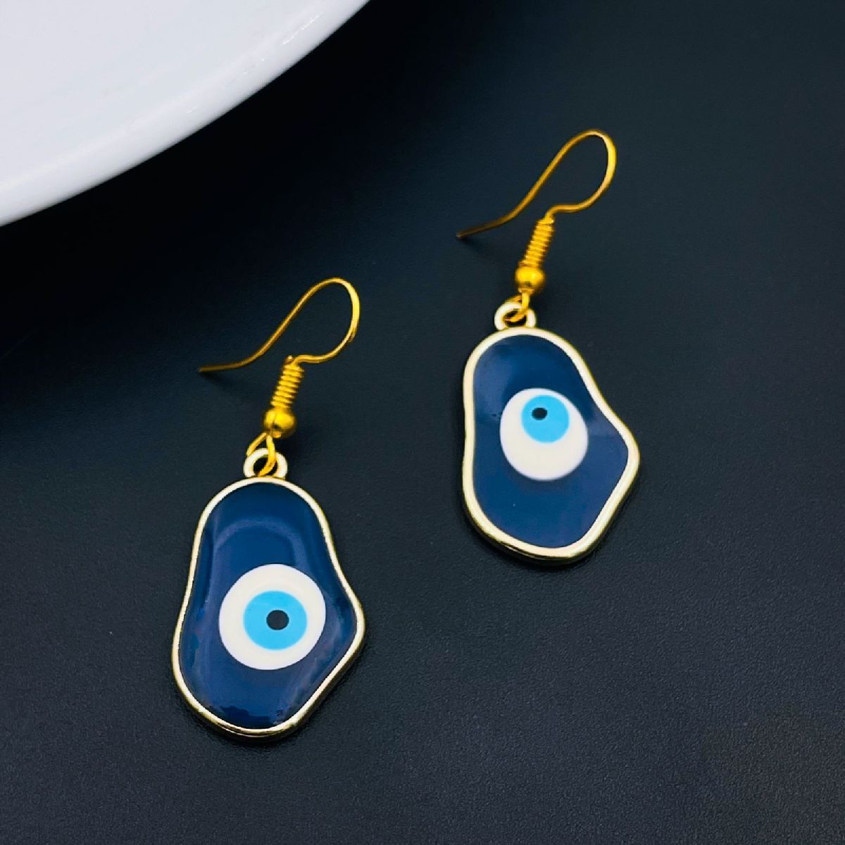 Amoeba Evil Eye Gold Blue Enamel Dangler Drop Earring Pair Women Bulk