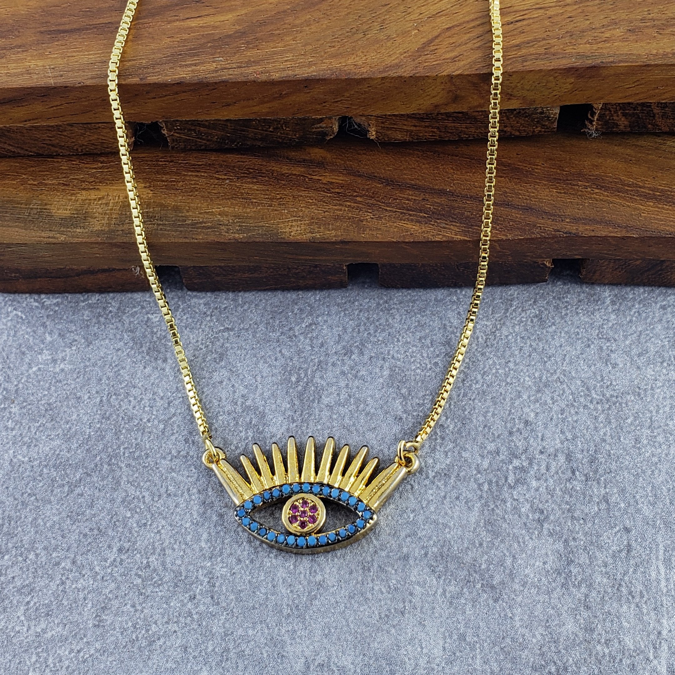 Evil Eye Eyelash Gold Blue Copper Necklace Pendant Chain Women Bulk