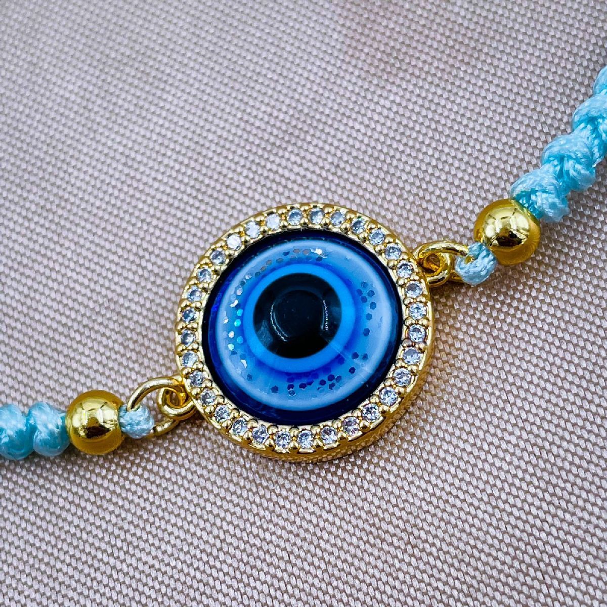 Evil Eye Copper Sky Blue CZ Thread Adjustable Bracelet Bulk