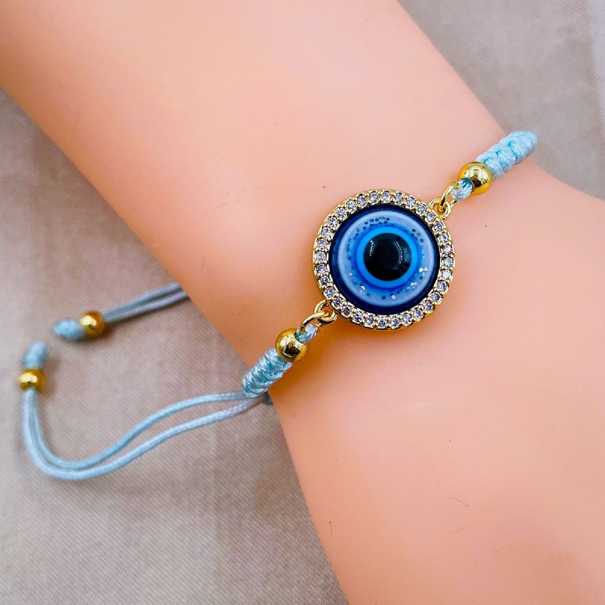 Evil Eye Copper Sky Blue CZ Thread Adjustable Bracelet Bulk