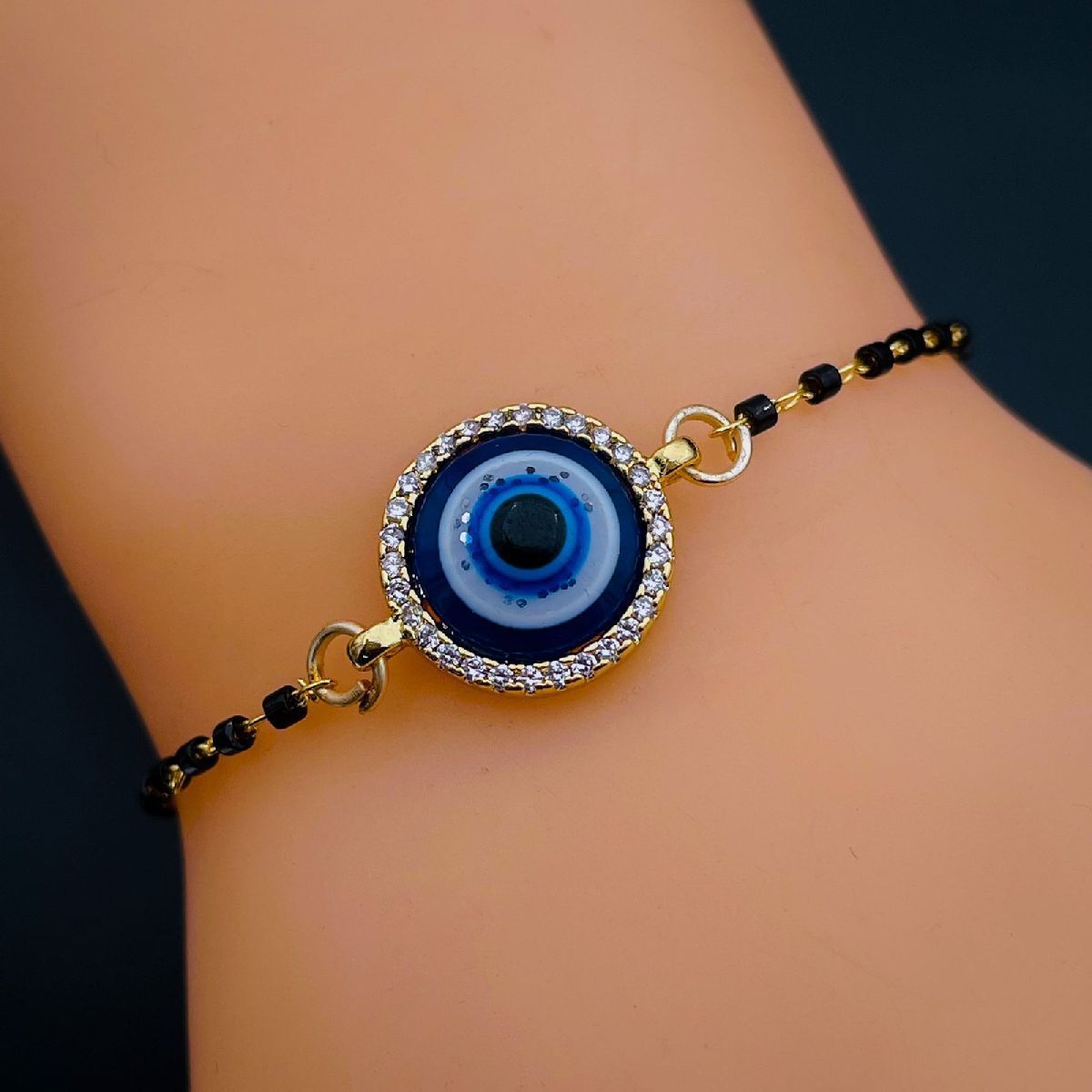 Evil Eye Cubic Zirconia Gold Blue Hand Mangalsutra Bracelet Women