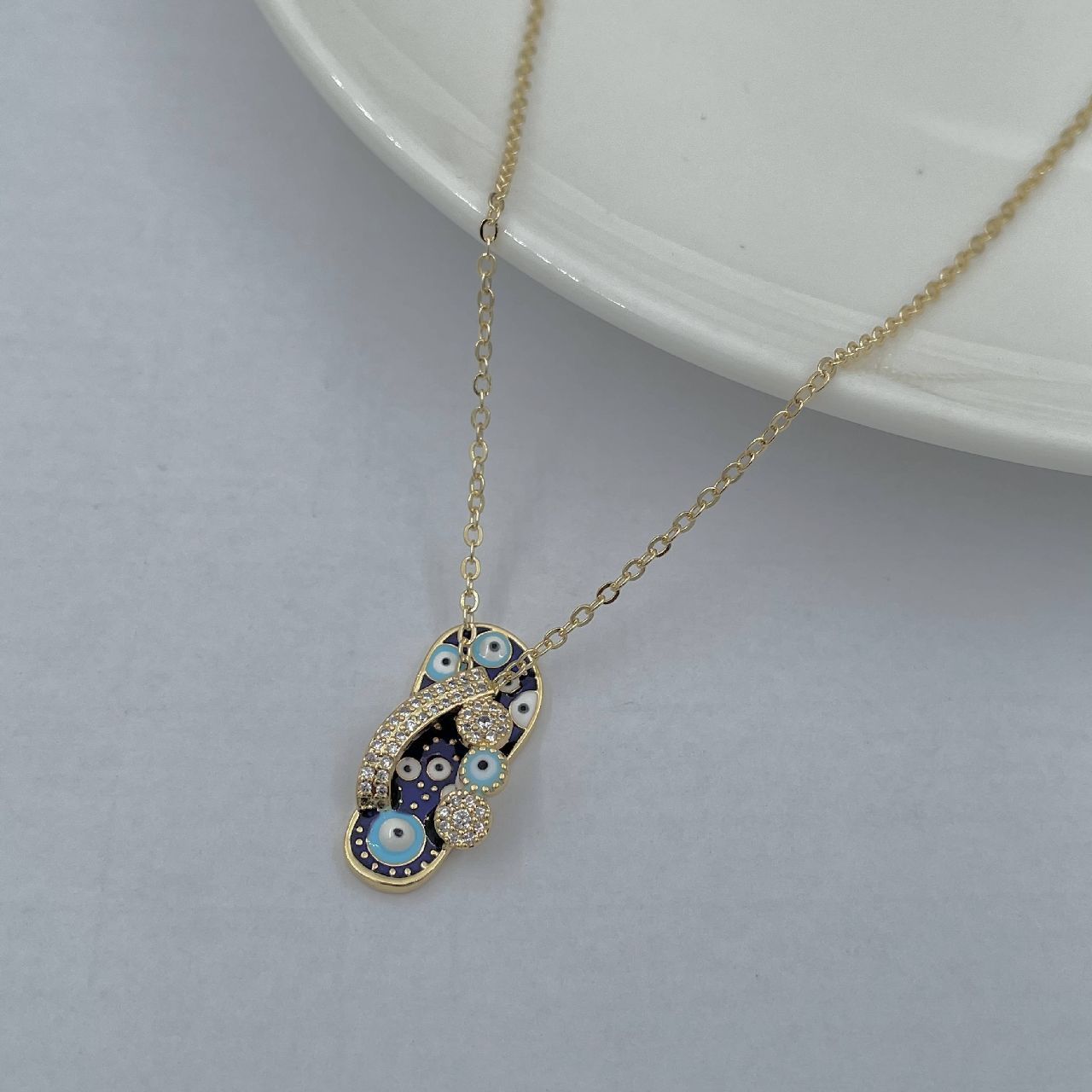 Evil Eye Footwear Gold Blue Copper CZ Necklace Pendant Chain Bulk