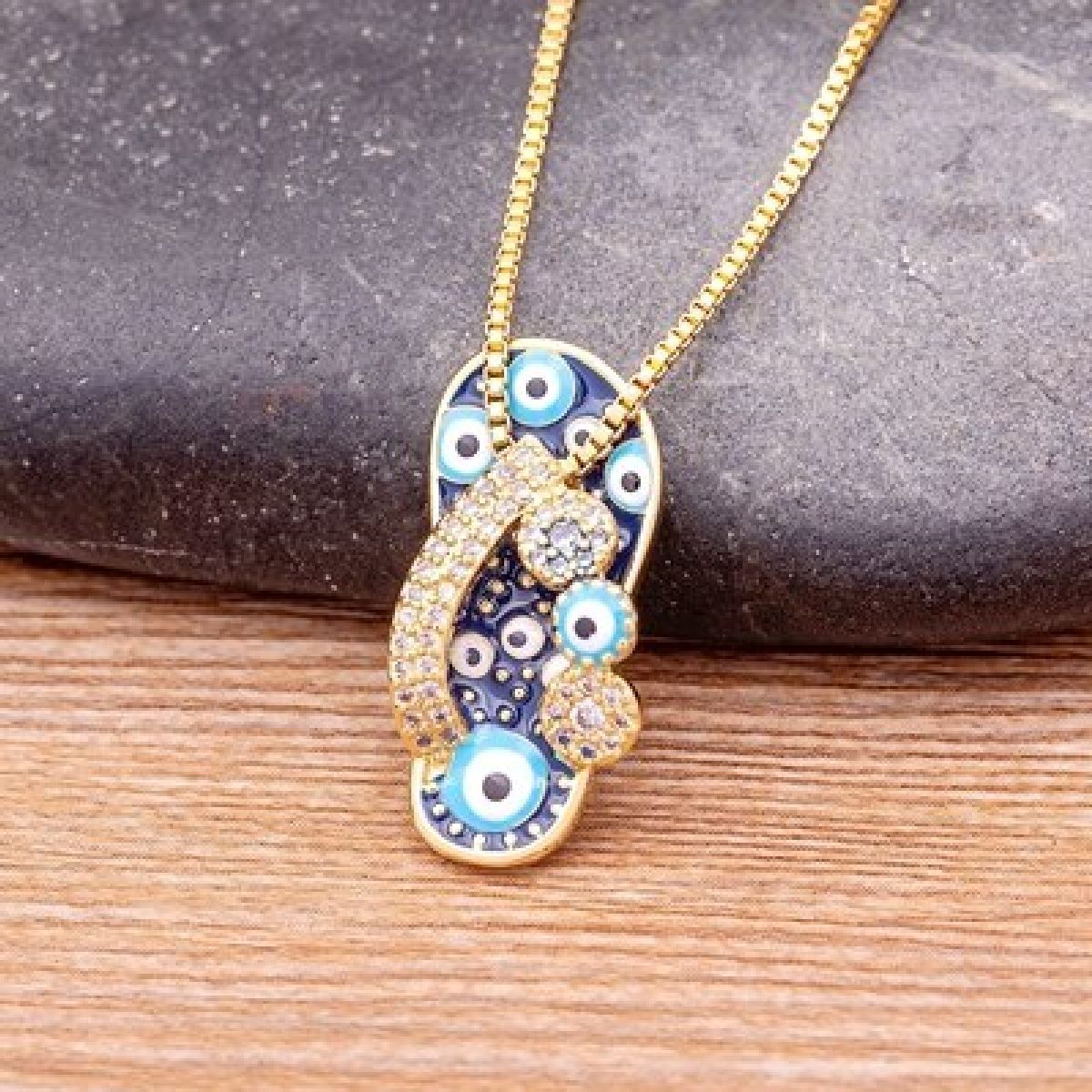 Evil Eye Footwear Gold Blue Copper CZ Necklace Pendant Chain Bulk