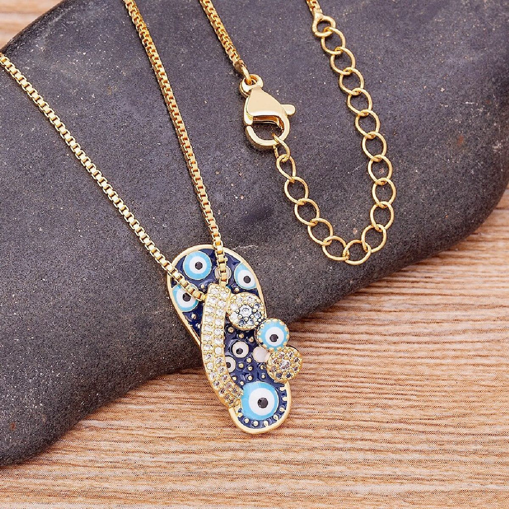 Evil Eye Footwear Gold Blue Copper CZ Necklace Pendant Chain Bulk