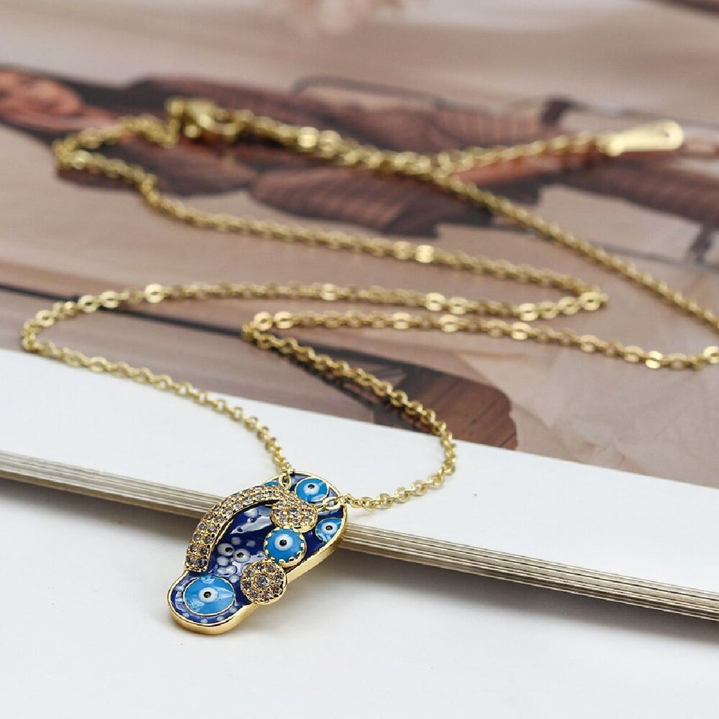 Evil Eye Footwear Gold Blue Copper CZ Necklace Pendant Chain Bulk