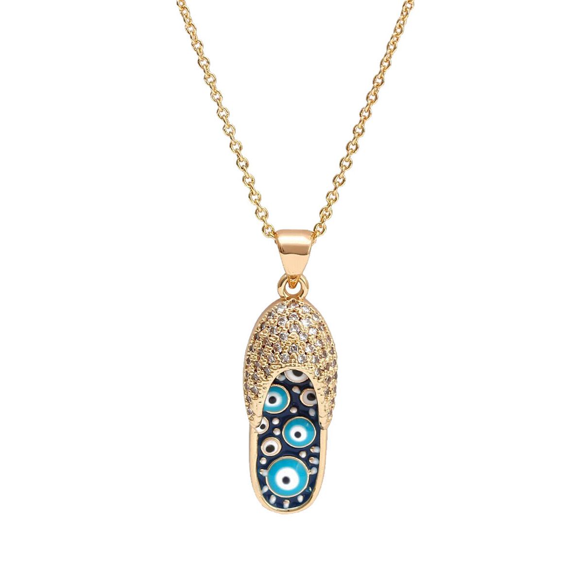Evil Eye Flip Flops Footwear Gold Blue CZ Necklace Pendant Chain Bulk