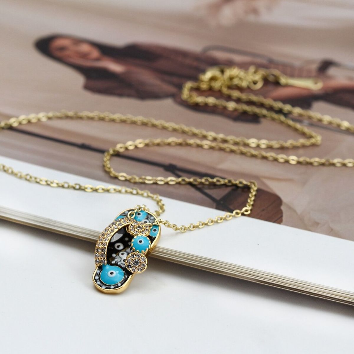 Evil Eye Flip Flops Footwear Gold Blue CZ Necklace Pendant Chain Bulk