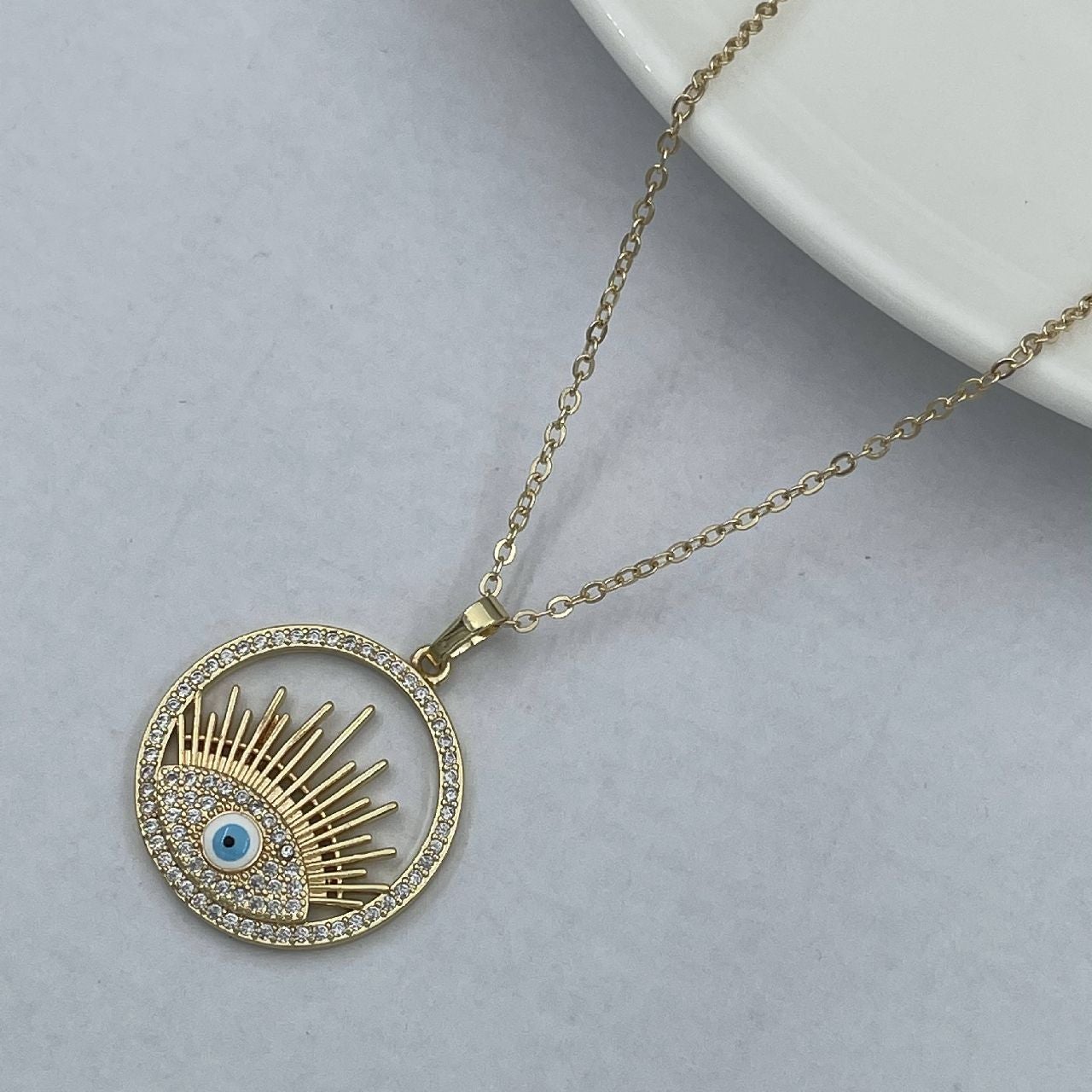 Evil Eye Eyelashes Gold Copper CZ Enamel Necklace Pendant Chain Bulk