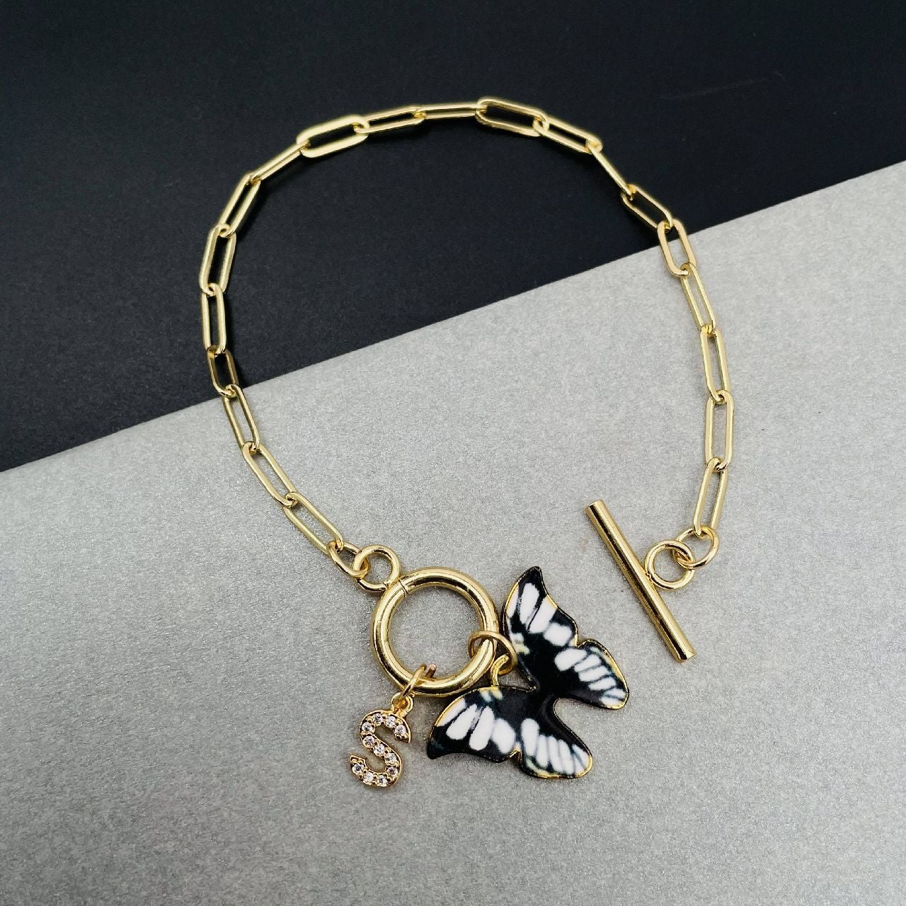 Copper American Diamonds White Black Gold Alphabet Initial Customized Letter Butterfly Charms Chain Link Bracelet For Women Girls