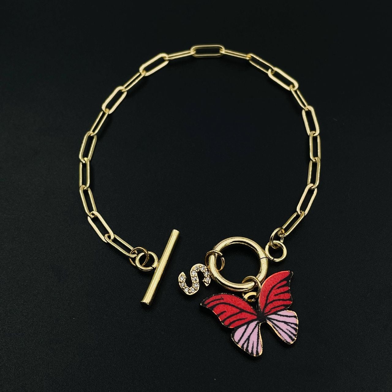 Copper American Diamonds White Red Gold Alphabet Initial Customized Letter Butterfly Charms Chain Link Bracelet For Women Girls