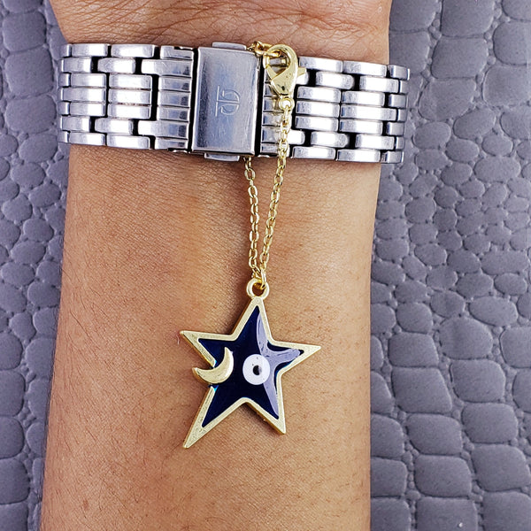 Evil Eye Star Moon Enamel Blue Gold Watch Charm For Women Bulk Main image