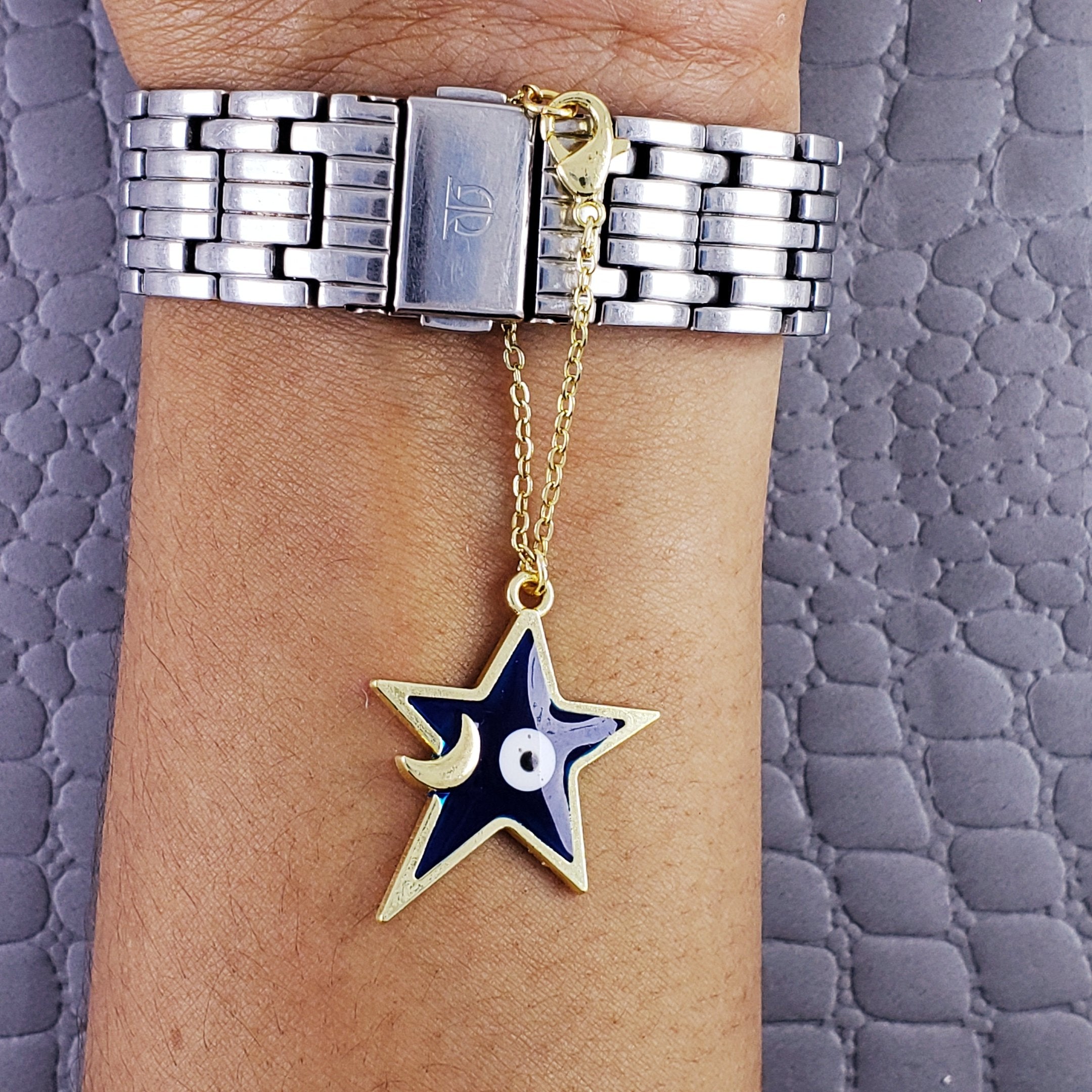 Evil Eye Star Moon Enamel Blue Gold Watch Charm For Women Bulk