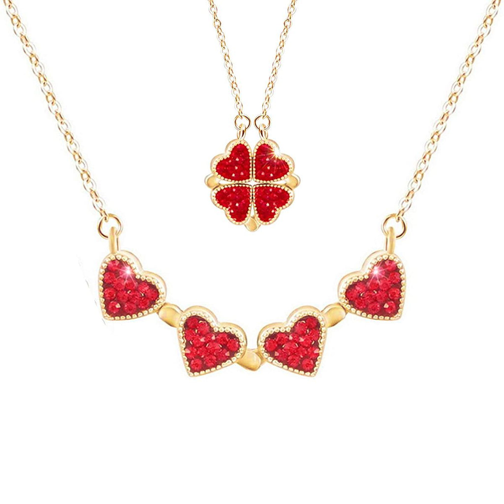 Clover Stainless Steel Cubic Zirconia Magnet Openable Necklace Pendant Chain Women Black Red