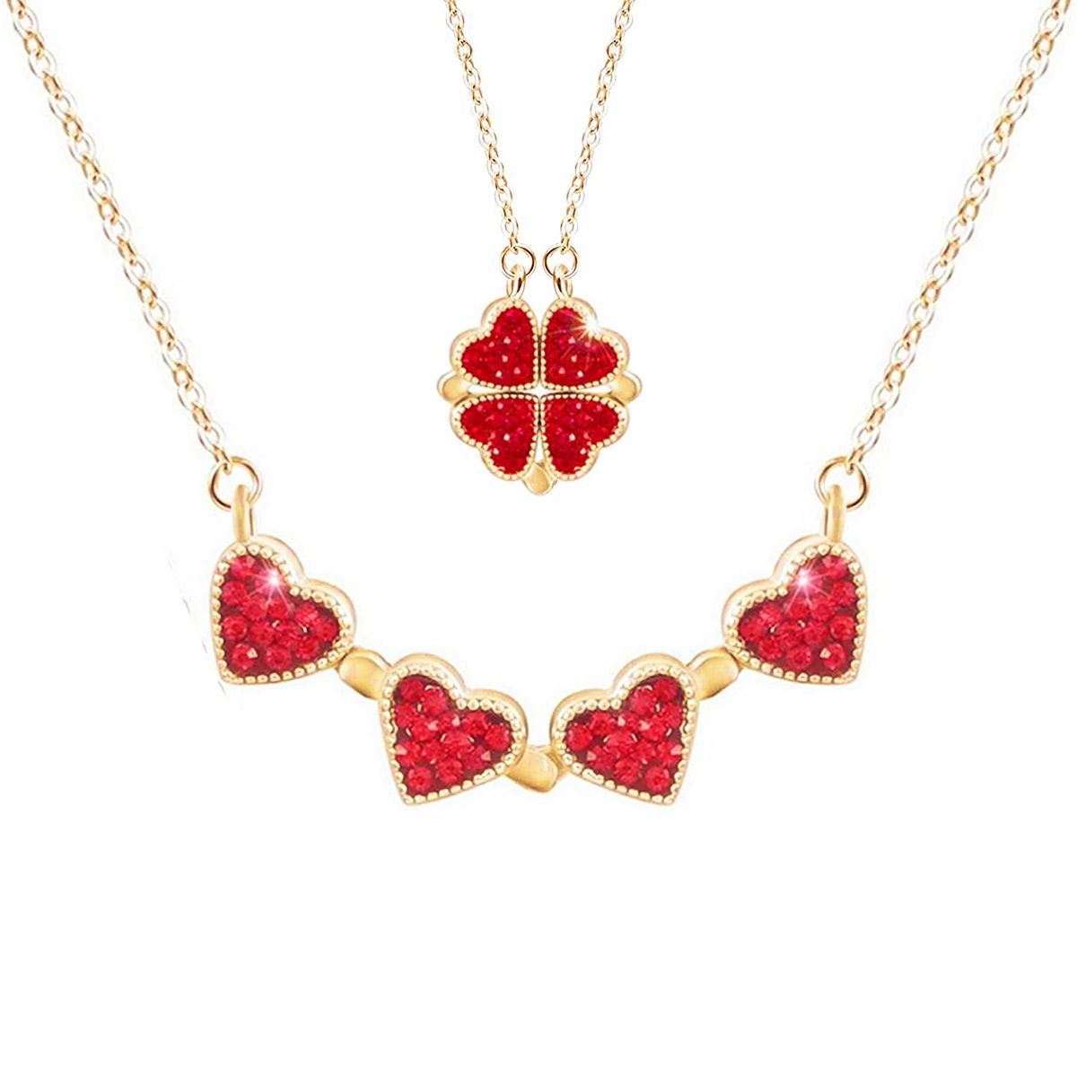 Clover Stainless Steel Cubic Zirconia Magnet Openable Necklace Pendant Chain Women Black Red