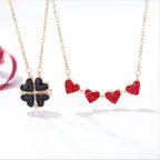 Clover Stainless Steel Cubic Zirconia Magnet Openable Necklace Pendant Chain Women Black Red