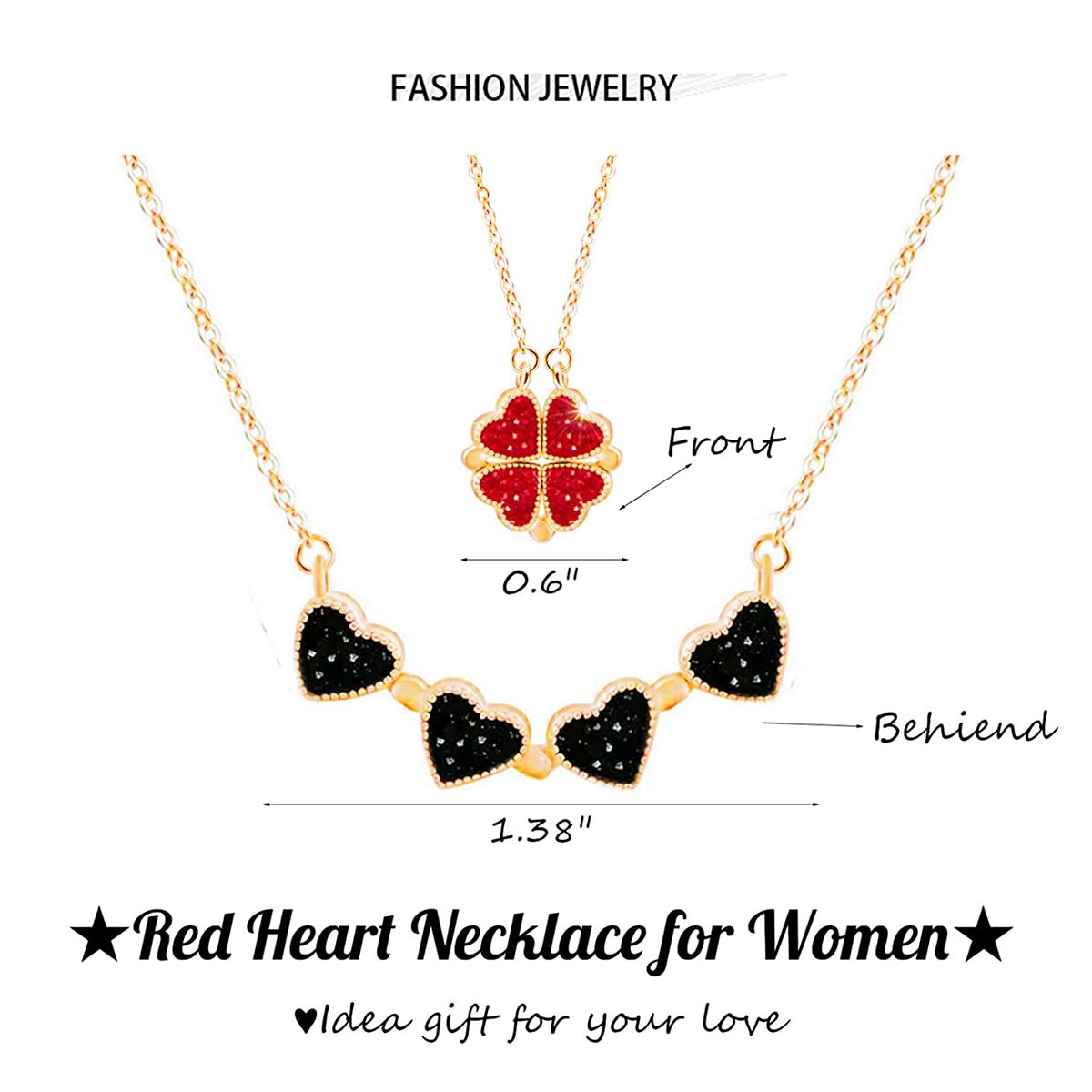 Clover Stainless Steel Cubic Zirconia Magnet Openable Necklace Pendant Chain Women Black Red