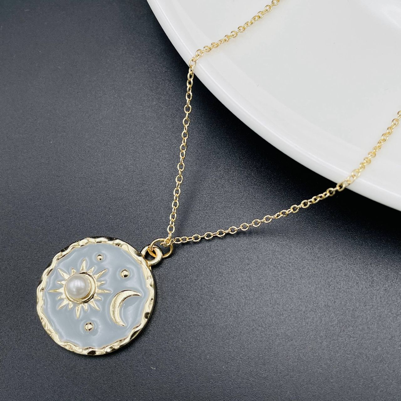 Brass With Pearls Enamel Grey Gold Sun Pendant Women Girls Bulk
