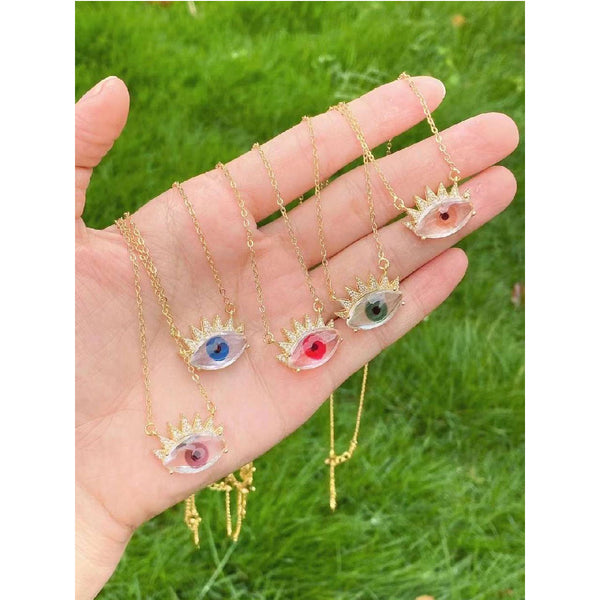 Evil Eye Eyelash Glass CZ Copper Necklace Pendant Chain Bulk Main image