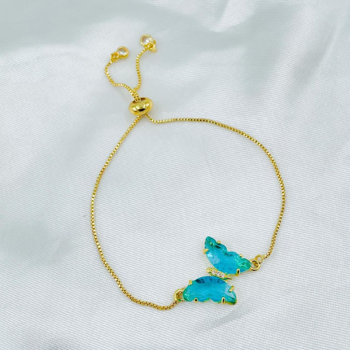 Copper Crystal Gold Blue Butterfly Adjustable Slider Bracelet Bulk