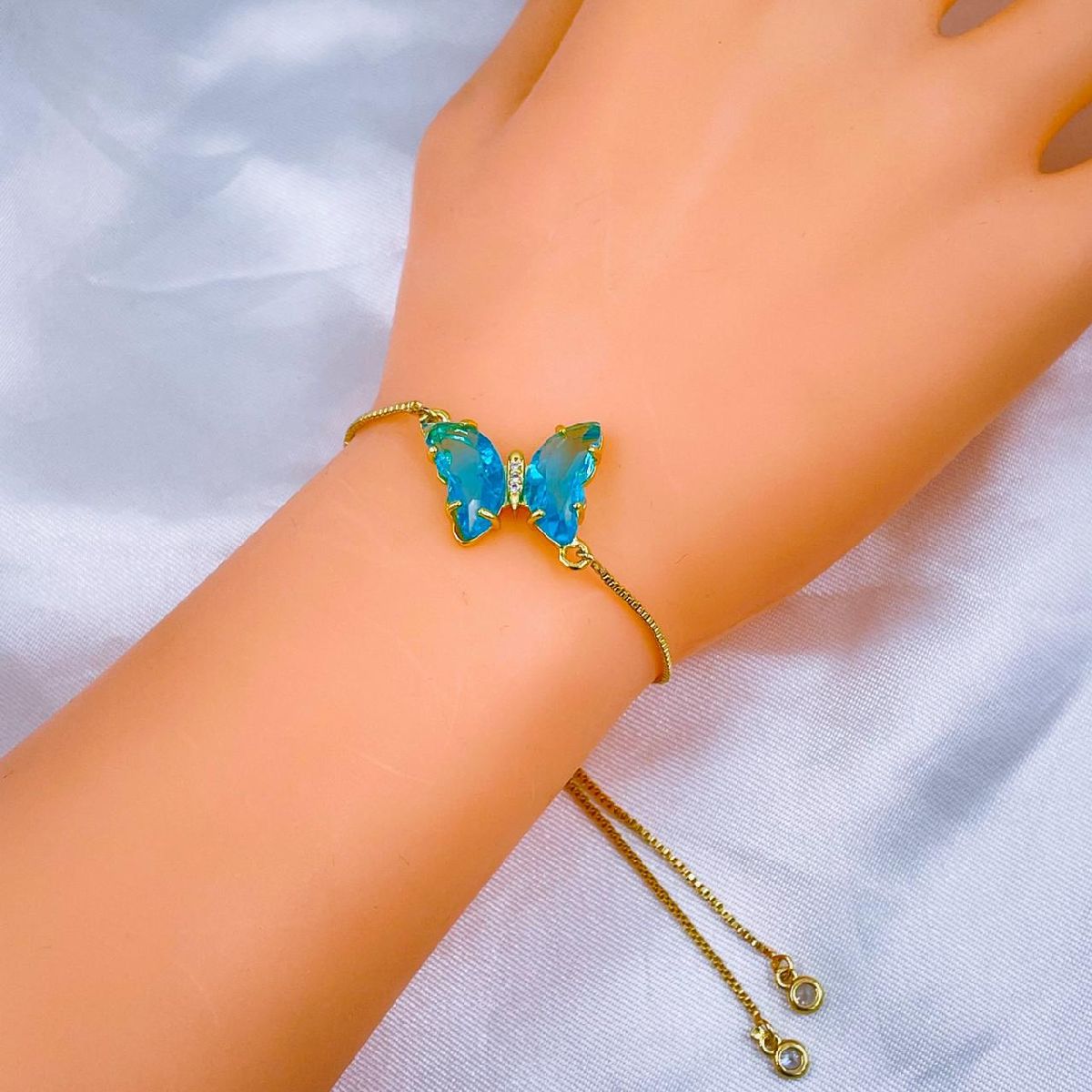 Copper Crystal Gold Blue Butterfly Adjustable Slider Bracelet Bulk