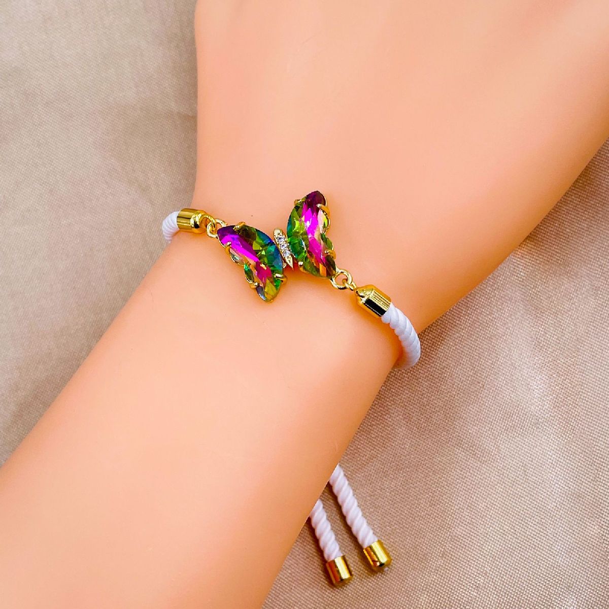 Butterfly Copper Multicolour White Crystal Thread Slider Bracelet Bulk