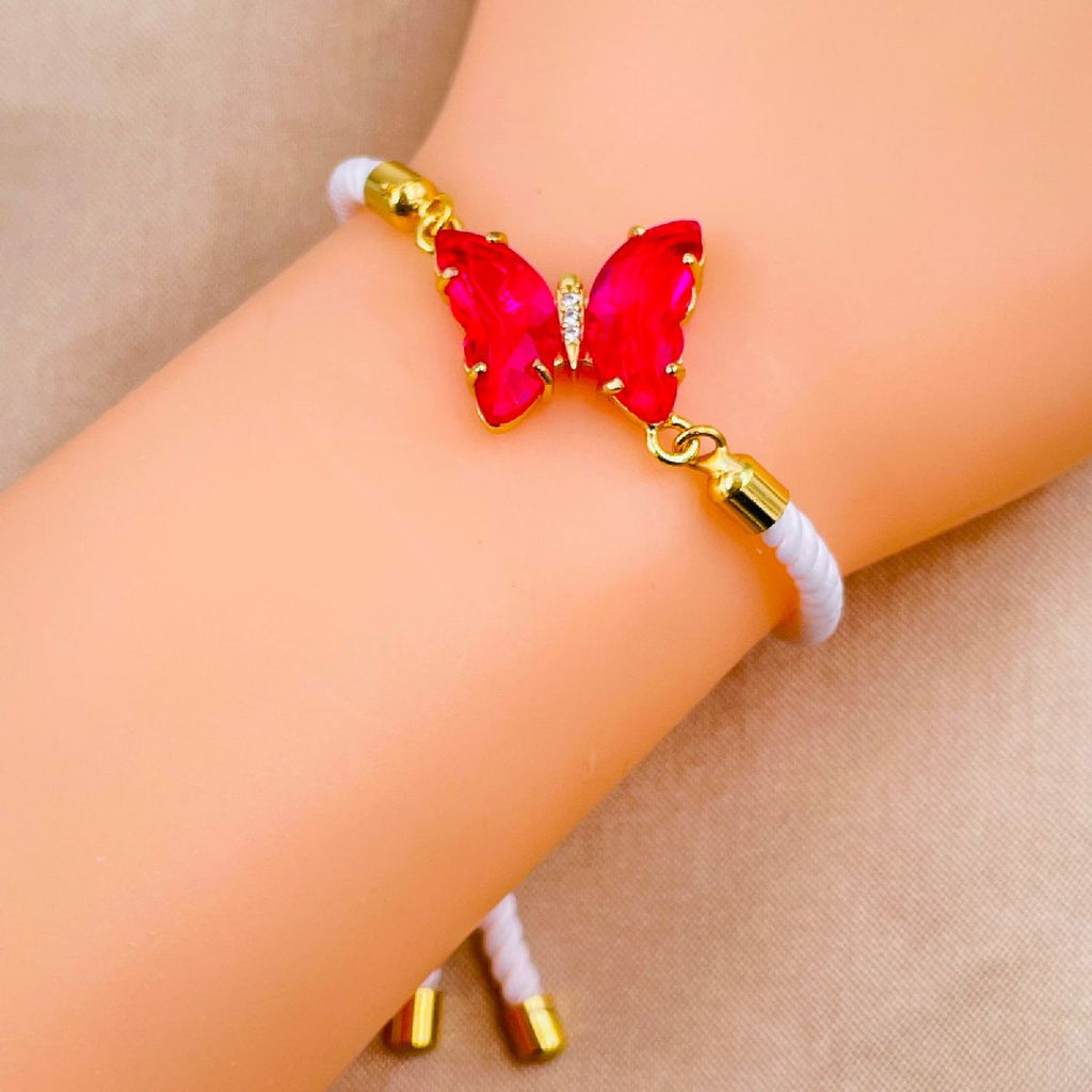 Butterfly Copper Rani Pink White Crystal Thread Slider Bracelet Bulk