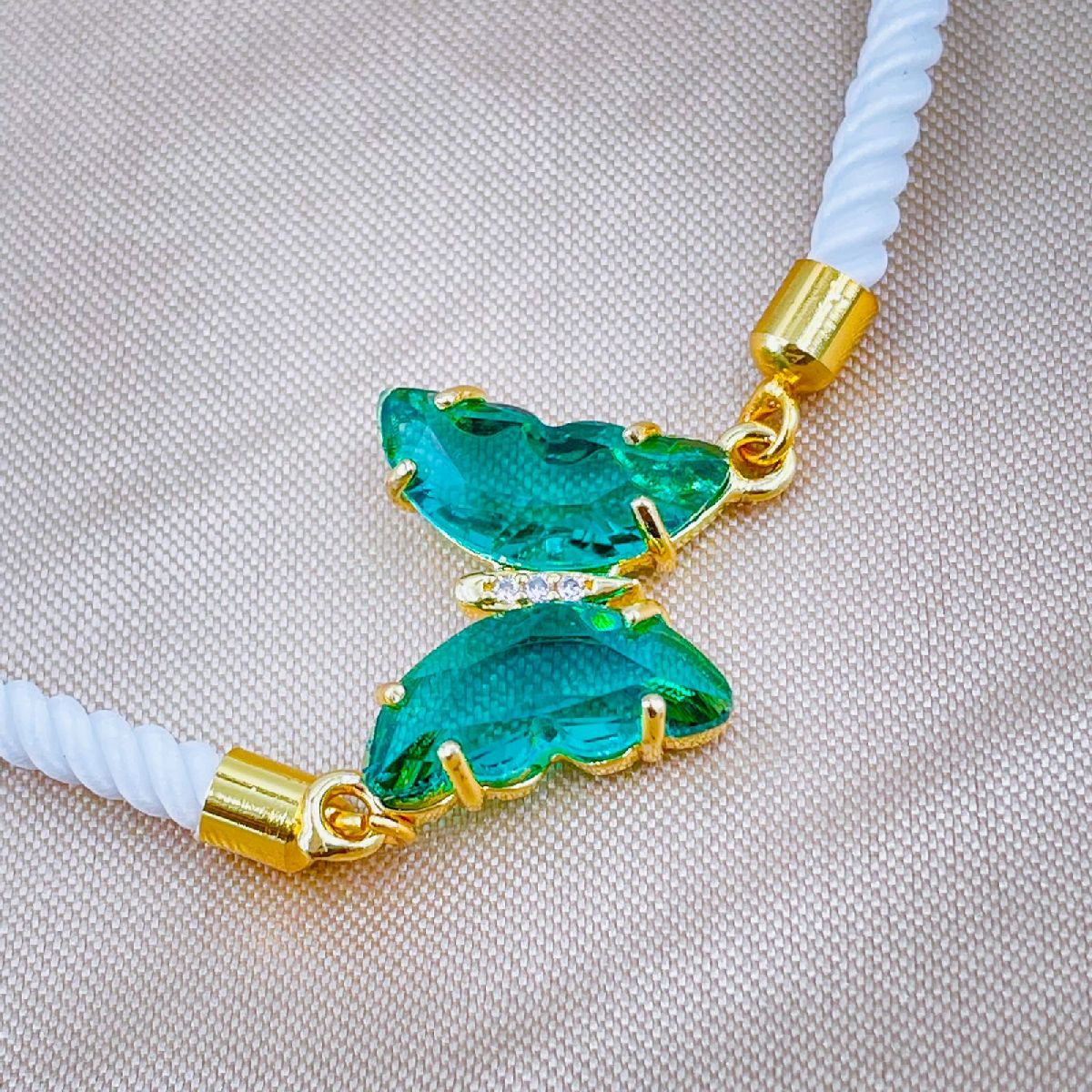 Butterfly Copper Green White Crystal Thread Slider Bracelet Women