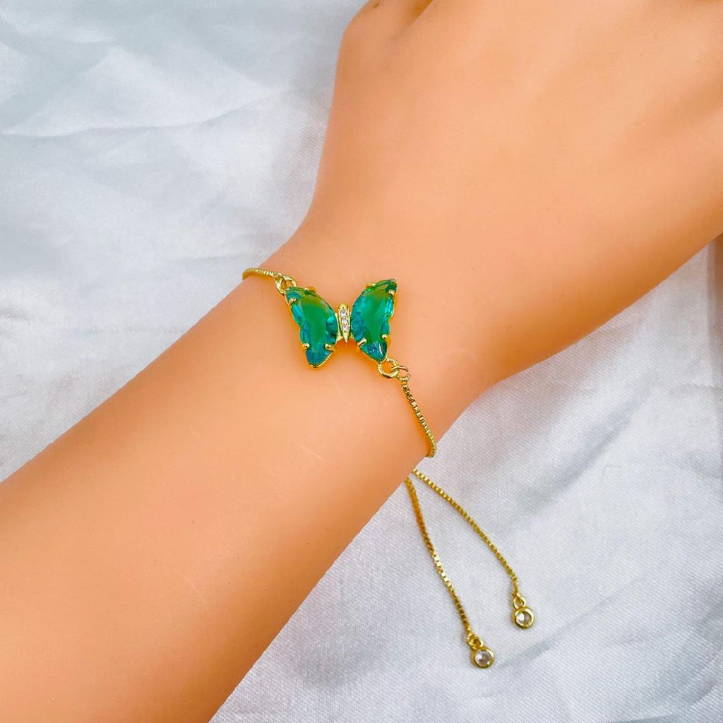 Copper Crystal Gold Green Butterfly Adjustable Slider Bracelet Bulk