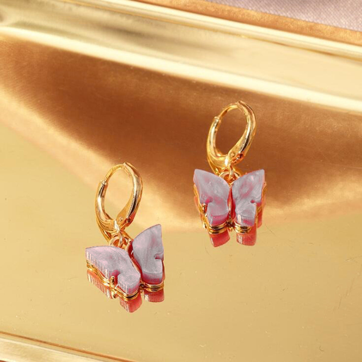 Copper Butterfly Gold Light Pink Hoop Stud Earring Pair For Women Secondary image