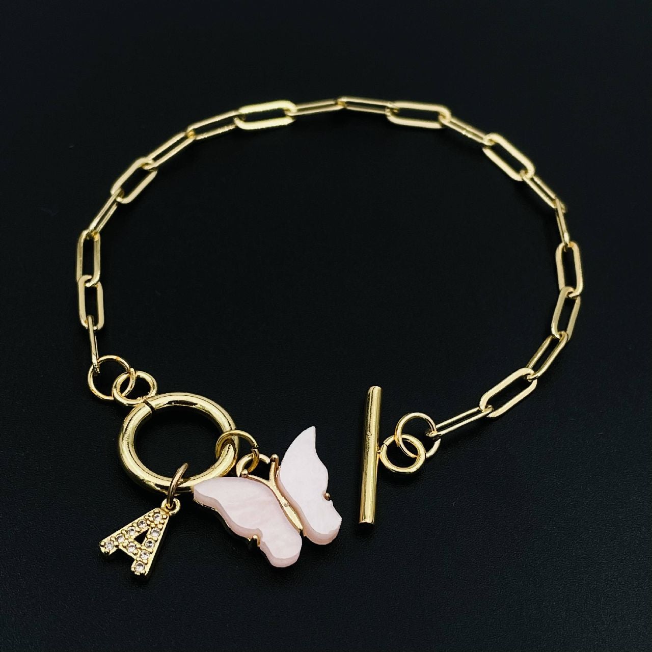 Copper Pink Gold Alphabet Initial Customized Letter Butterfly Charms Chain Link Bracelet For Women Girls Main image