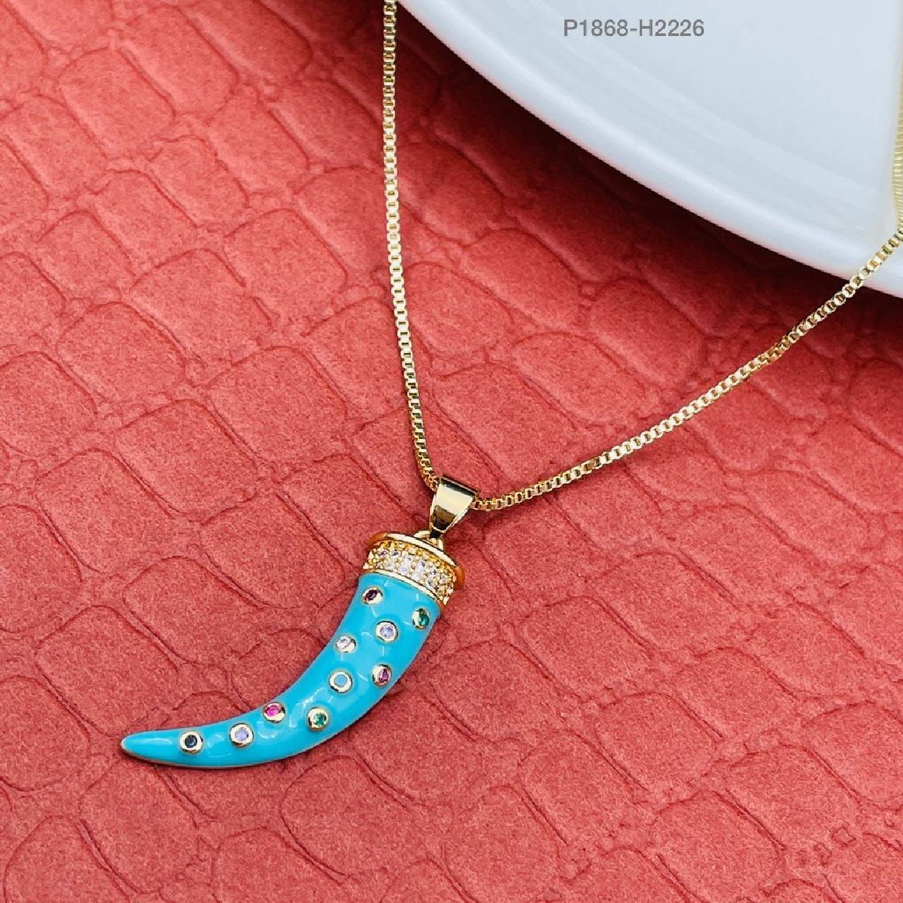 Copper CZ Blue Gold Tooth Tusk Necklace Pendant Chain Girls Bulk