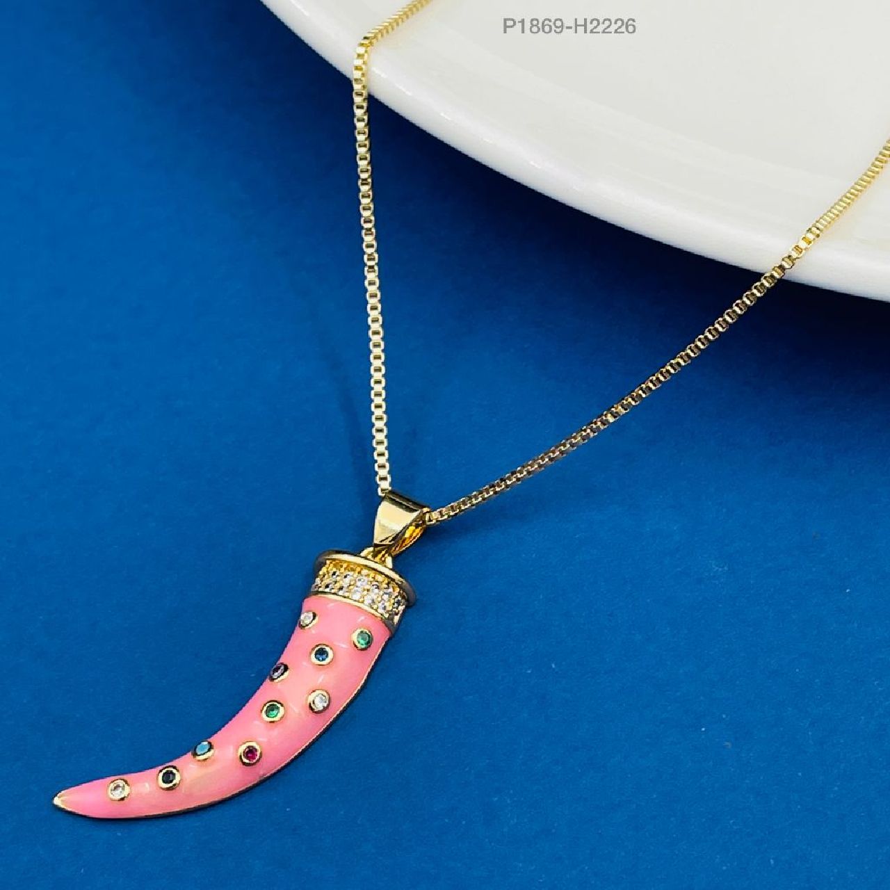 Copper CZ Pink Gold Tooth Tusk Necklace Pendant Chain Girls Bulk