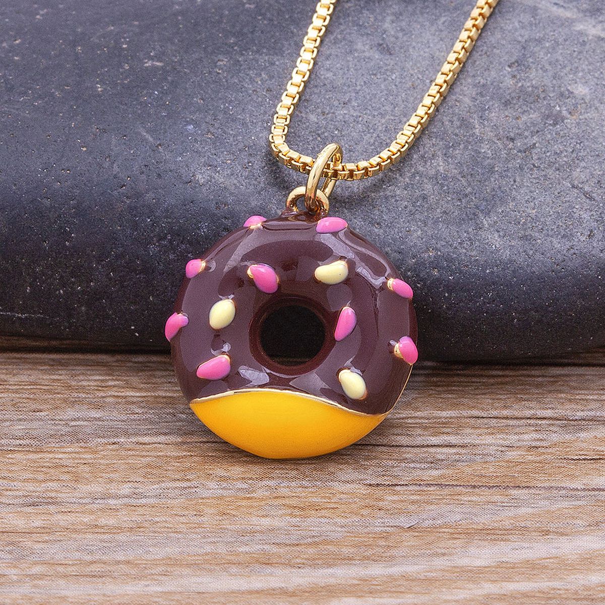 Enamel Black Yellow Gold Donut Necklace Pendant Chain Girls Bulk