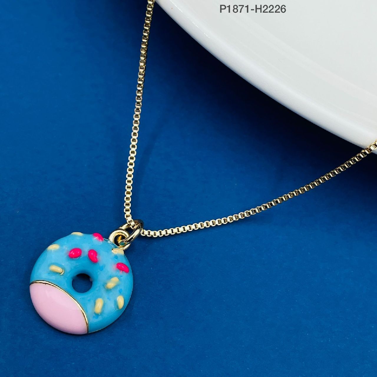 Copper Enamel Blue White Gold Donut Necklace Pendant Chain Girls Bulk