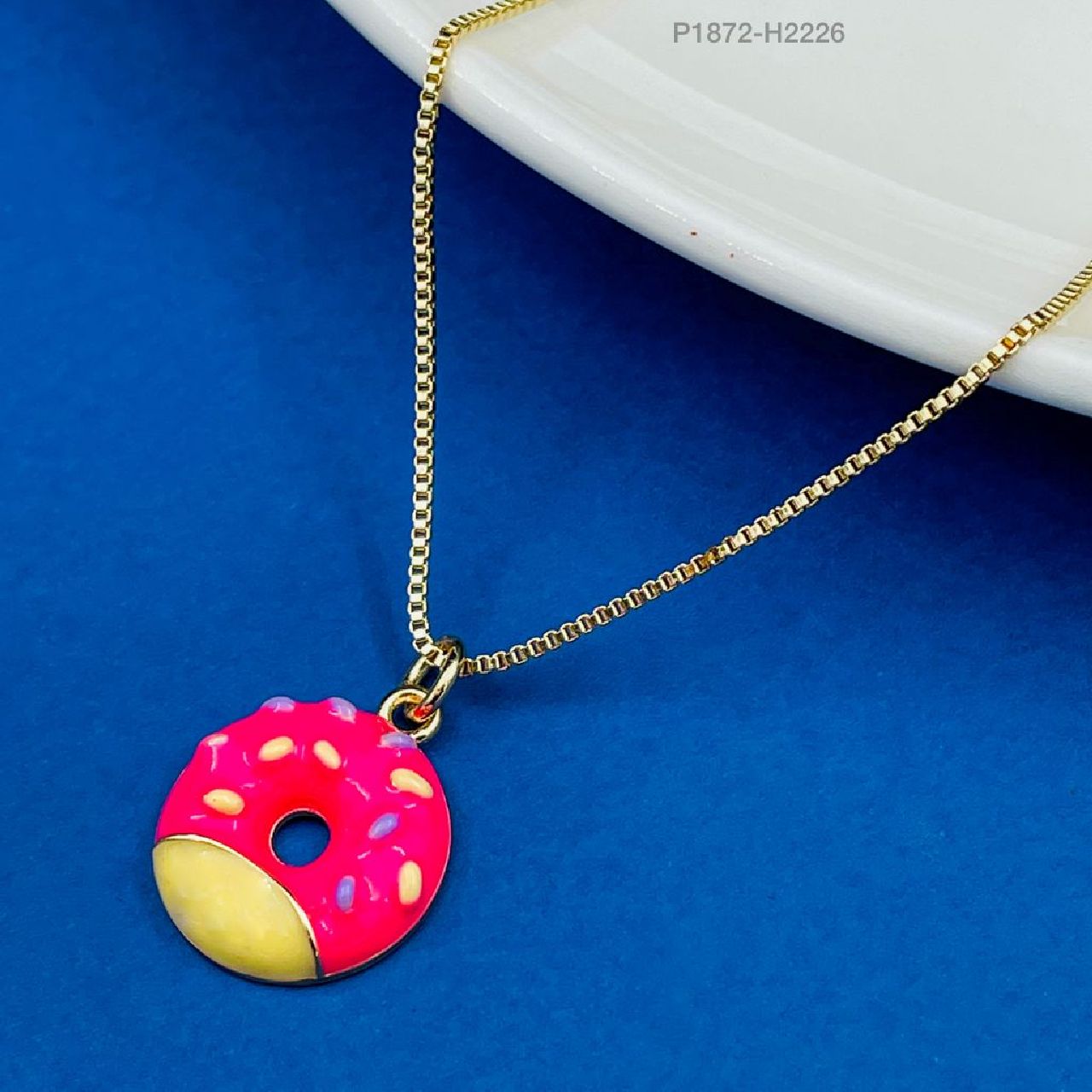 Copper Enamel Pink Yellow Gold Donut Necklace Pendant Chain Girls Bulk