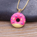 Copper Enamel Pink Yellow Gold Donut Necklace Pendant Chain Girls Bulk