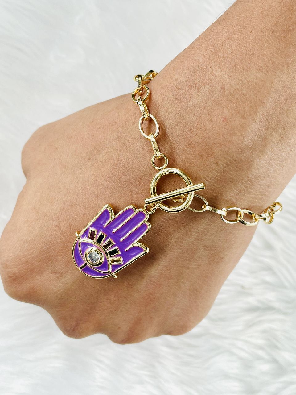 Copper CZ Enamel Purple Black Gold Hamsa Charms Bracelet Girls Bulk
