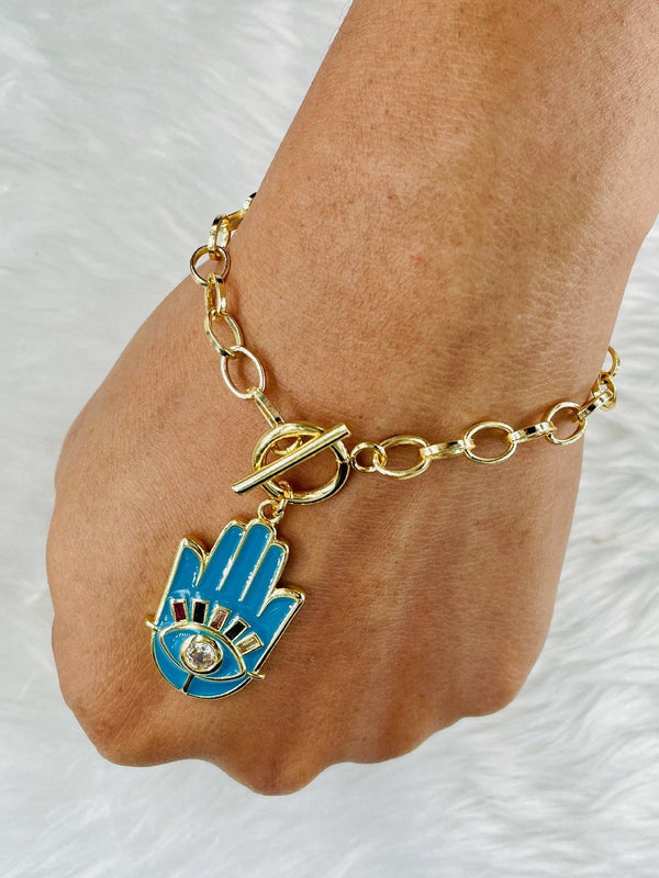 Copper CZ Enamel Blue Black Gold Hamsa Charms Bracelet Girls Bulk Main image