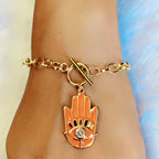 Copper CZ Enamel Orange Gold Hamsa Charms Bracelet Girls Bulk