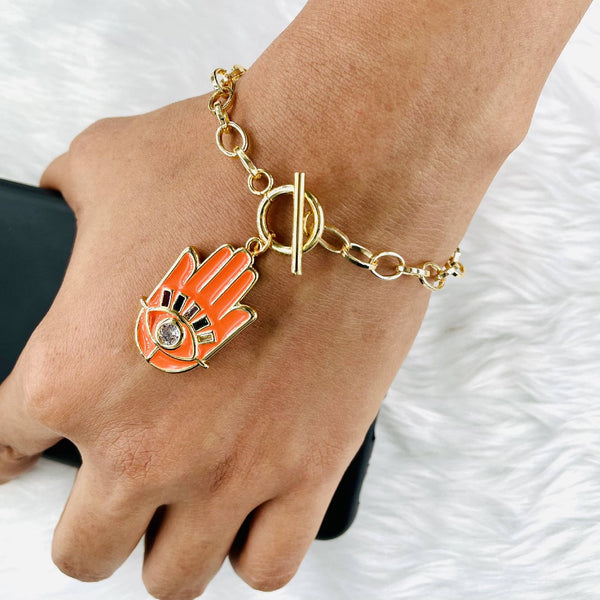 Copper CZ Enamel Orange Gold Hamsa Charms Bracelet Girls Bulk Main image